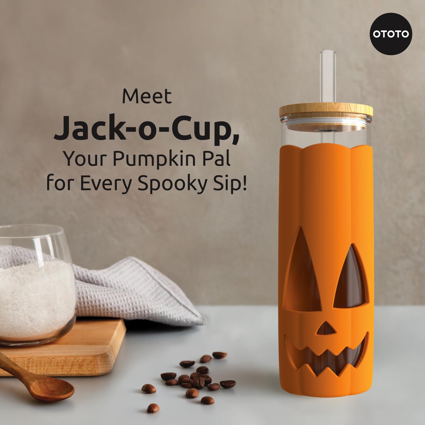 OTOTO NEW Jack-o-Cup Glass Cups with Lid and Straws - Glass Coffee Tumbler with Straws, Halloween, Goth, Witchy Gifts, Iced Coffee Cups, Glass tumbler with Bamboo Lid, 16.9oz