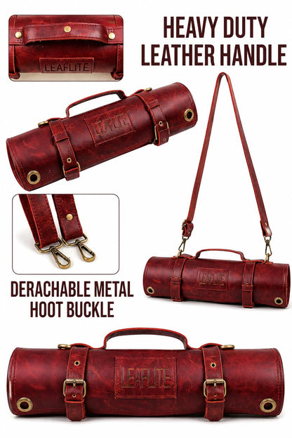 Leaflite Leather Knife Roll Bag – Chef Knife Bag with 7 Pockets – Durable Crazy Horse Leather Knife Roll for Professional Chefs – Portable Knife Storage Case