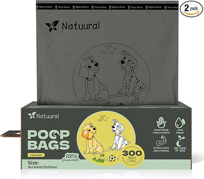 Compostable Dog Poop Bags-300 Bags 1Rolls, Poop Bags for Dogs Made of Cornstarch, Lavender Scented, Ideal for Backyard or Home and Cat Litter Disposal