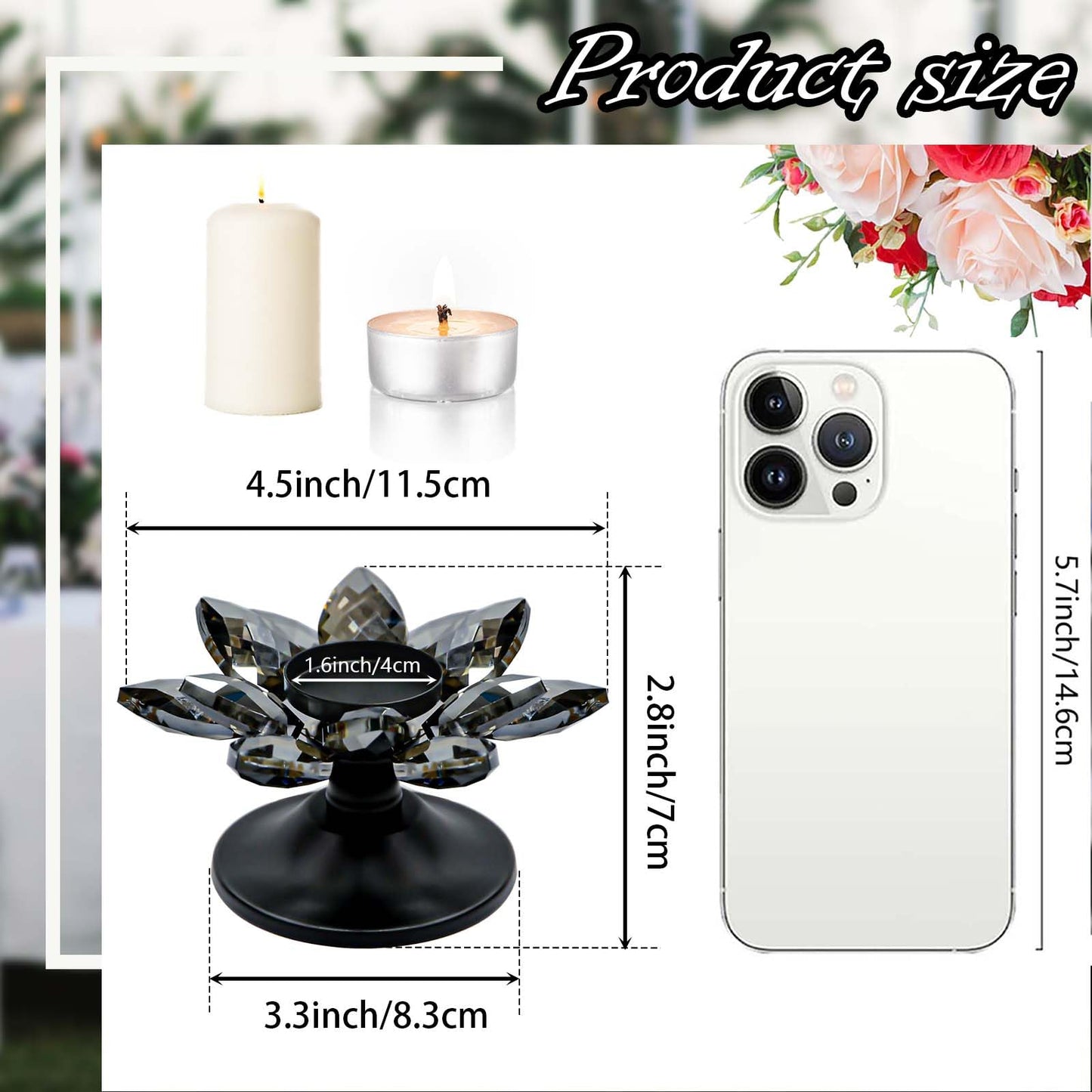 2 PCS Black Crystal Flower Tea Light Holder, Glass Tealight Candlestick with Metal Base, Votive Candle for Table Centerpiece, Wedding/Parties Decor, Nice Gift