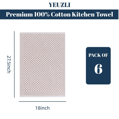 YEUZLI 6-Pack Cotton Kitchen Towels - 18 x 27.5 Inch Large Dish Cloths - Checkerboard Design Flat Weave Tea Towels - Highly Absorbent, Lint Free, Non-Shrink & Durable Commercial Grade