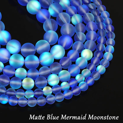 Matte Blue Aurora Crystal Glass Beads, 6MM Frosted Glitter Shining Mermaid Round Loose Beads, Rainbow Holographic Synthetic Moonstone for Jewelry Making DIY Bracelet