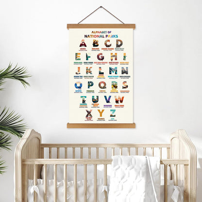 KAIRNE National Parks ABC Poster,Nature Scenery Alphabet Canvas Art Print,Travel Themed Wall Decor with Wood Magnetic Hanging Decoration(35X56CM) Alphabet of National Parks for Traveler Room Decor