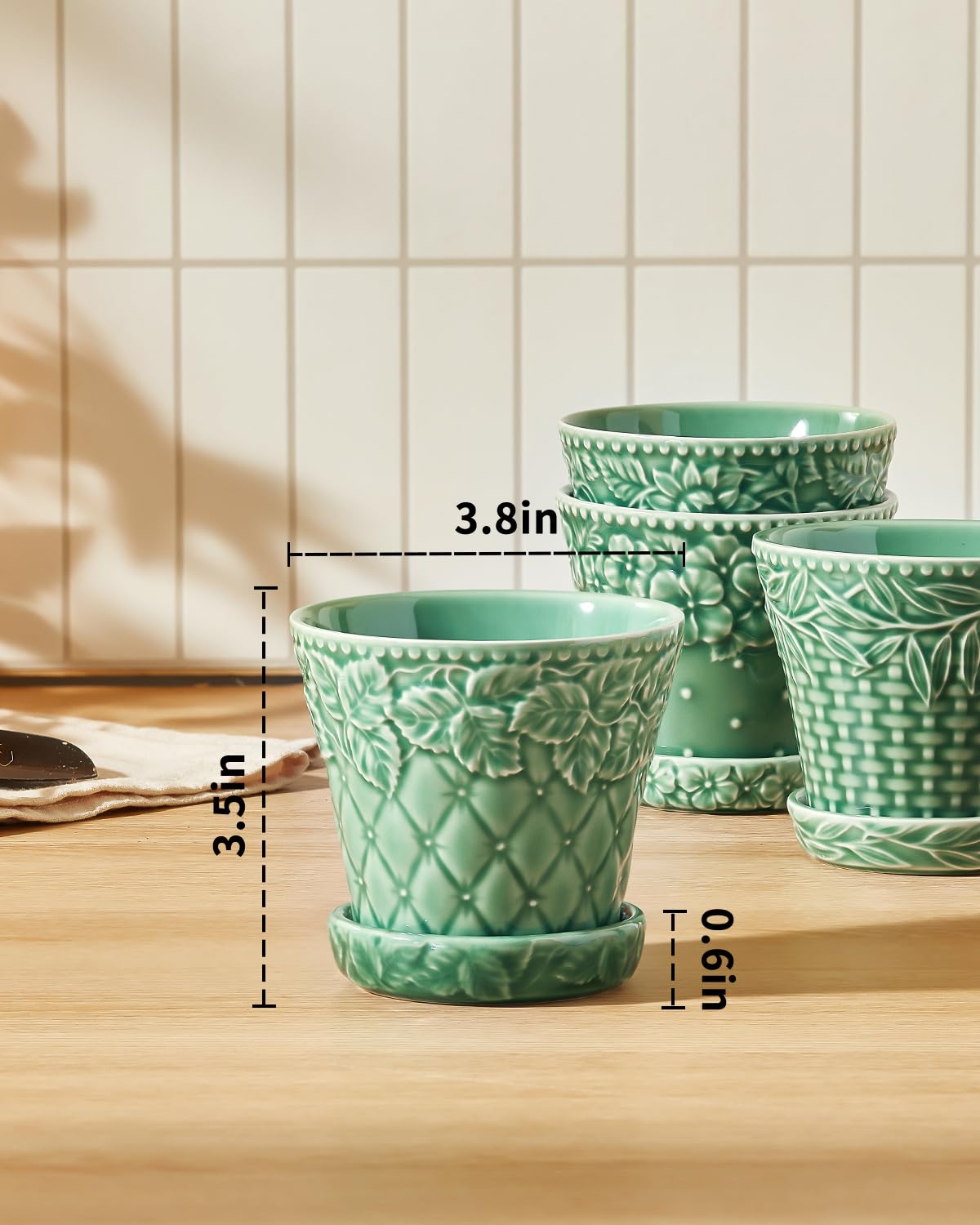 Metahom Succulent Ceramic Pots, 3.8 Inch Small Plant Pots with Drainage Hole & Saucer, Flower Planter Pot for Indoor Plants Cacti, Home Decor, Set of 4, Green
