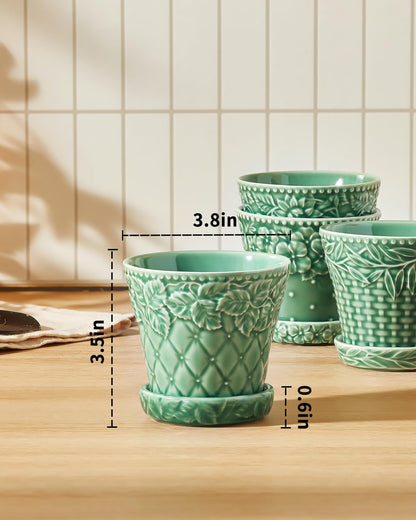 Metahom Succulent Ceramic Pots, 3.8 Inch Small Plant Pots with Drainage Hole & Saucer, Flower Planter Pot for Indoor Plants Cacti, Home Decor, Set of 4, Green