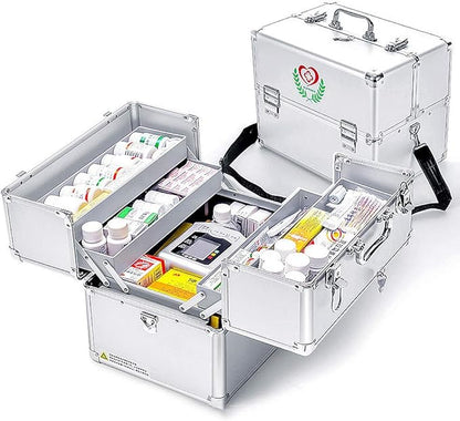 Nurth First Aid Kit Lockable First Aid Box Security Lock Medicine Storage Box with Portable Handle,Medication Lock Box 3 Tier Design/Precription Storage Box Large Space 14 × 9.8 × 11inch (Silver)