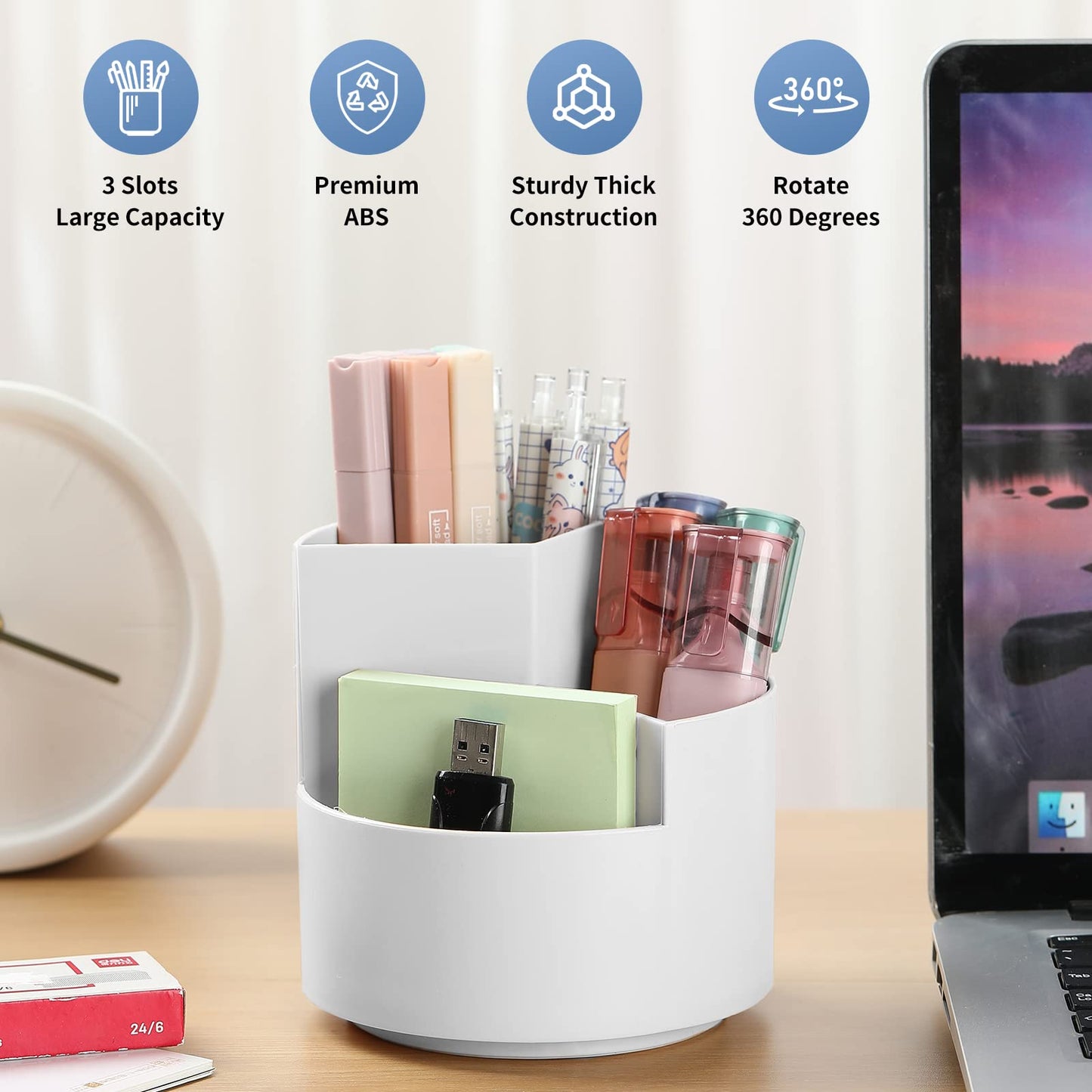 EDENMS Desk Pencil Pen Holder, 3 Slots 360-Degree Spinning Organizers, Desktop Storage Stationery Supplies, Cute Cup Pot for Office, School, Art Supply, Kids - Gray