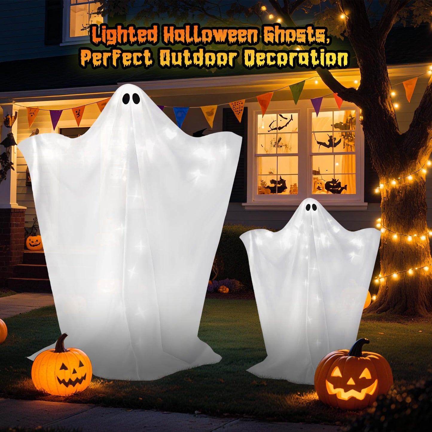 2 Pack Halloween Ghosts Outdoor Large 60'' & 36'' White Outdoor Ghost Decorations with String Lights Scary Ghosts Halloween Decorations Light Up Ghost Kit for Garden Porch Yard Party (White)