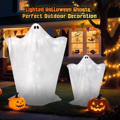 2 Pack Halloween Ghosts Outdoor Large 60'' & 36'' White Outdoor Ghost Decorations with String Lights Scary Ghosts Halloween Decorations Light Up Ghost Kit for Garden Porch Yard Party (White)