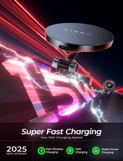 LISEN for iPhone 17 Magsafe Car Mount Charger, 15W Fast Charging Magnetic Wireless Car Charger [Mini & Metal], 2025 Ultra Magnetic Car Phone Holder Dashboard for iPhone 17 Pro Max Air 16 15 14