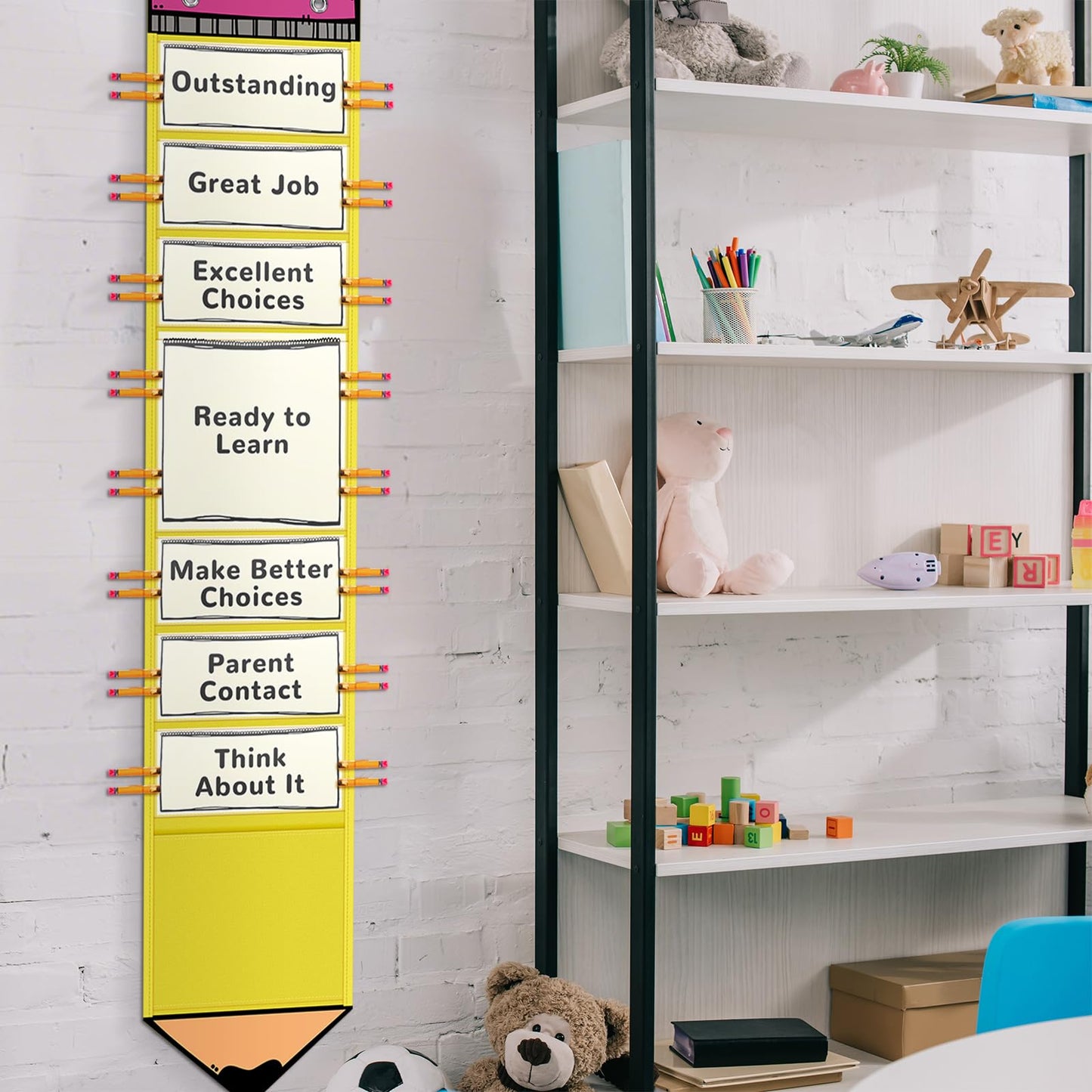 AmazingSpark 57 Pcs Classroom Behavior Chart for Student Management Kids Tracking Chart Hanging Creative Bulletin Board with 40 Clips for School Preschool Child Care(Pencil)