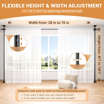 Room Divider Curtain Rod, No Drilling Adjustable Space Partition, Heavy Duty Floor to Ceiling Tension Rod, 4-10ft(H) 28-70inch(W), Temporary Wall Divider for Privacy, Black