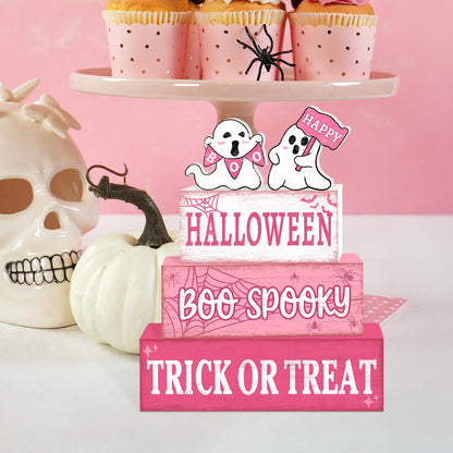 4 Pcs Pink Halloween Decor Indoor Wooden Tiered Tray Decorations, Pink Ghost Halloween Table Decor Farmhouse Tabletop Centerpieces for Farmhouse Home Kitchen Mantel Office