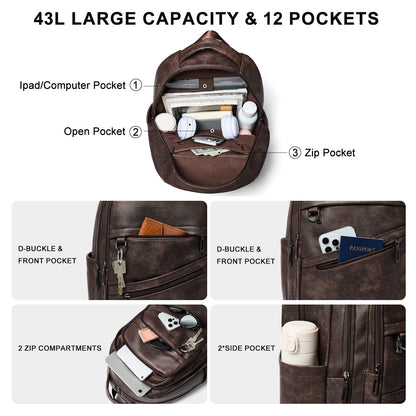 LATMAP 43L Backpack for Women Men - Vegan Leather Backpack Purse Travel Carry-on Bag College Bookbag Work fits 17" Laptop, Coffee