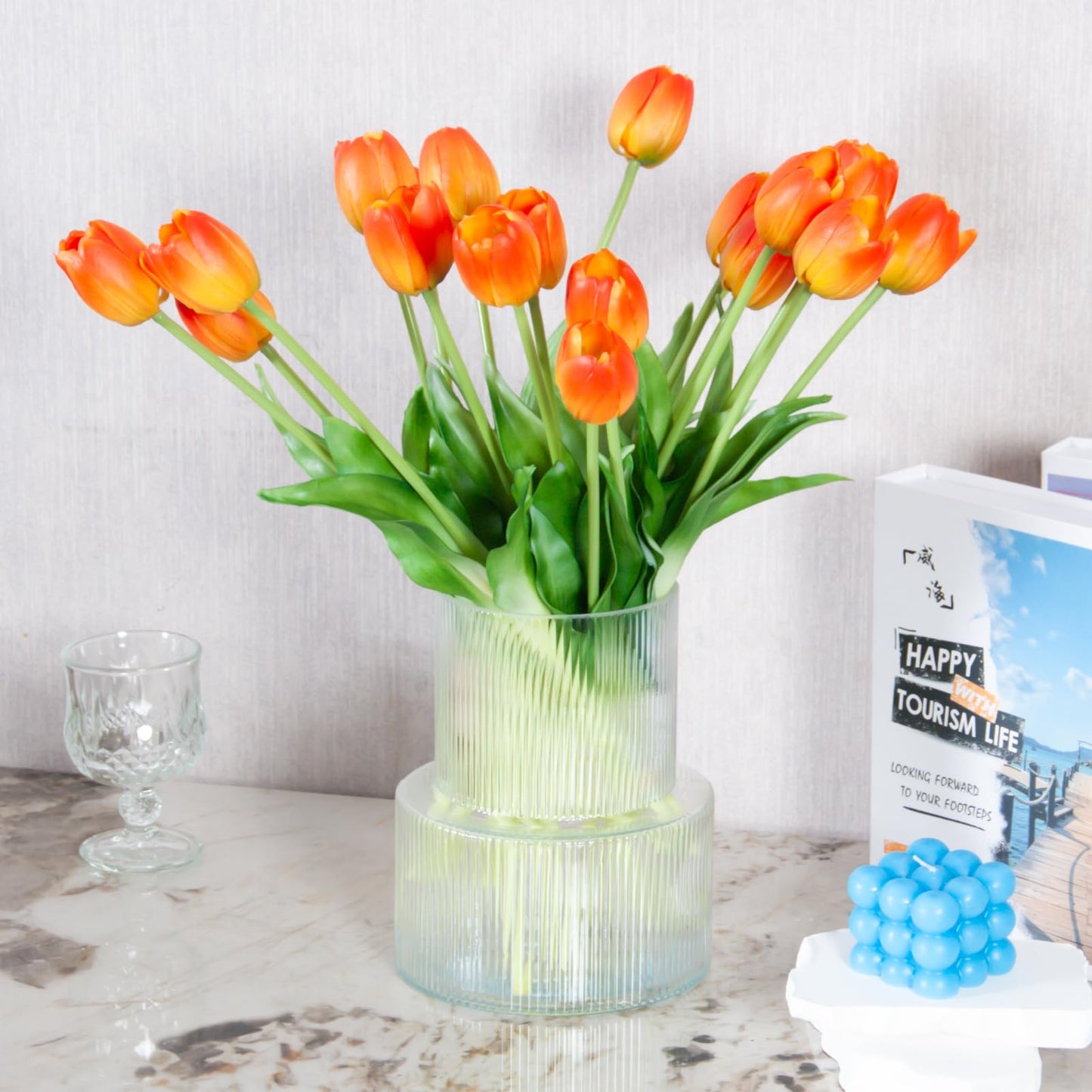 20 Pcs Real Touch Artificial Tulips with Vase, Large Faux Flower Arrangement in Heavy Fluted Glass, Bouquet for Dining Table Centerpiece, Home Office, Spring Decor, Set with Dust Bag (Orange)