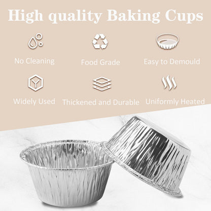 Aluminum Foil Baking Cups 150 Pcs, VIHOYOM 4 Oz Disposable Ramekin Aluminum Cupcake liners, Silver Foil Baking Cups Muffin Liners for Egg Tart, Baking, Cupcake, Pudding, Appetize