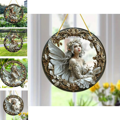 VTYFRY Flower Fairy Garden Decorations Angel Wing Christmas Halloween Deco Statue Art Elf Sculpture Hanging Craft for Outdoor Yard Courtyard Lawn Patio Window Acrylic Ornament Home Gift (D,S: 6*6 IN)