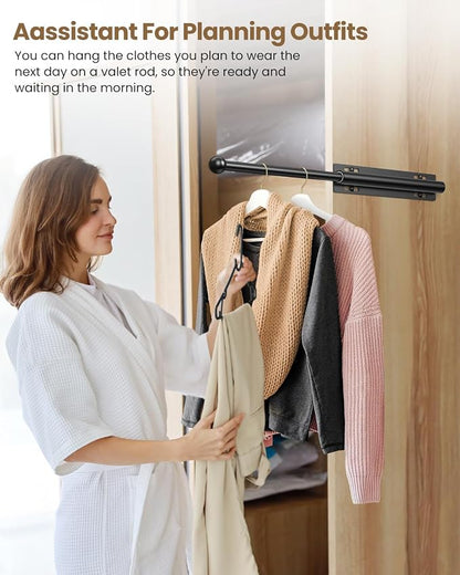 Supforce 2 PACK Valet Rod for Closet Pull Out, Retractable Slide Out Valet Rod Closet Organization, 12" Aluminum Valet Clothing Hanger Rods Perfect for Suits, Freshly Pressed Clothes, Black