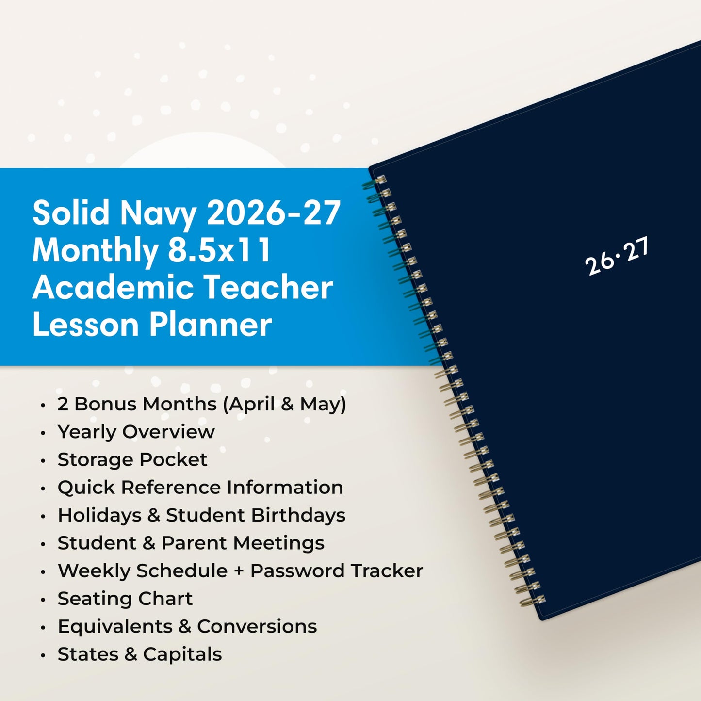 Blue Sky 2026-2027 Weekly and Monthly Academic Year Teacher Lesson Planner Calendar, July 2026 - June 2027, 8.5" x 11", Flexible Cover, Wirebound, Laminated Tabs, Storage Pocket, Solid Navy
