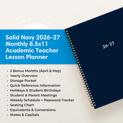 Blue Sky 2026-2027 Weekly and Monthly Academic Year Teacher Lesson Planner Calendar, July 2026 - June 2027, 8.5" x 11", Flexible Cover, Wirebound, Laminated Tabs, Storage Pocket, Solid Navy