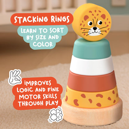Nene Toys Montessori Toys for 1 Year Old – 4-in-1 Wooden Sensory Toy Set with Stacking Rings, Rainmaker, Giraffe Bead Maze & Activity Blocks – Educational Gift for Toddlers, Boys & Girls Age 1+