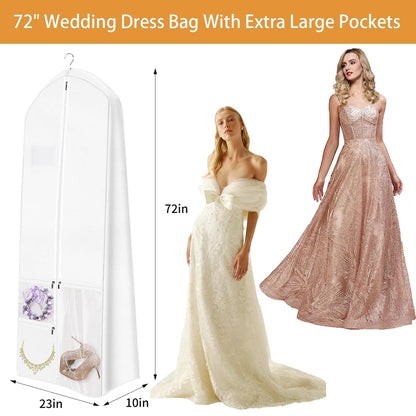 72" Wedding Dress Garment Bag with Bride Tote Bag 10'' Gusseted Dress Bags for Gowns Long 4 Pockets Dress Bag Garment Storage Cover for Women, White