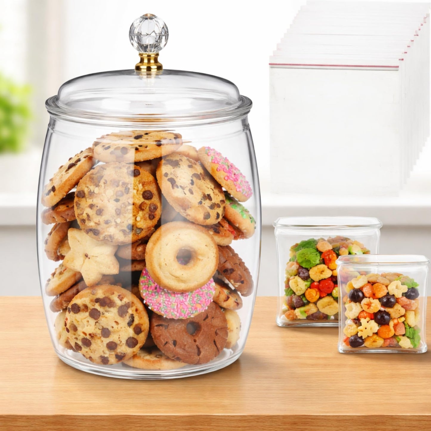 Nuogo 1 Gallon Large Candy & Cookie Jar with Lid and 15 Pcs Food Storage Bags 128 oz Plastic Apothecary Jars Large Food Storage Container Unbreakable Kitchen Jar for Cookie Candy Snack Dried Foods