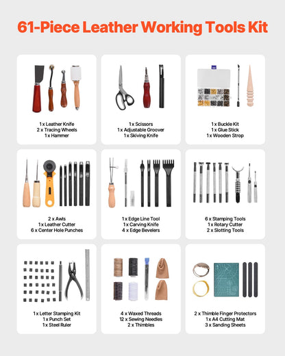 VEVOR Leather Working Tools Kit, 61 PCS Leather Craft Tools with Portable Canvas Storage Bag, Engraving Punching Sewing Stamping Sanding Tools, Ideal for Beginners DIY Enthusiasts and Professionals