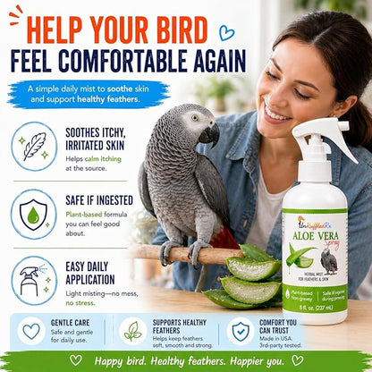 Aloe Vera Bird Spray for All Birds – Soothes Itchy Skin & Feather Plucking – 8oz Odor-Free Mist, Safe if Ingested, Daily Use Bird Mist, Softens Feathers, Natural Formula – Made in USA by UnRuffledRx™