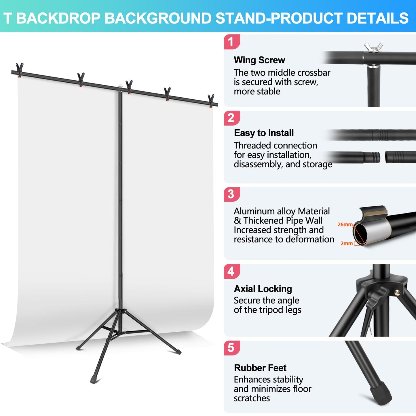 White Backdrop with Stand for Photoshoot, 5X6.5ft White Photo Backdrop with T Shape Background Backdrop Stand for Photography, Portable Photo Backdrop Curtain Stand Kit w Carrying Bag 5 Spring Clamps