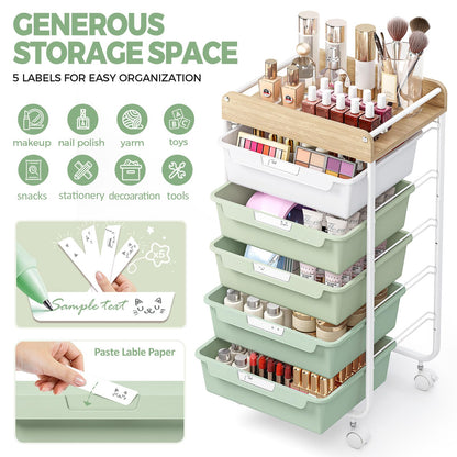 APEXCHASER Utility Cart with 5 Drawers,Rolling Storage Cart for Crafters Artists Kids Teacher Student Storage Arts Crafts & Sewing Study Supplies in Craft Room Dorm Classroom Kids Room-Green