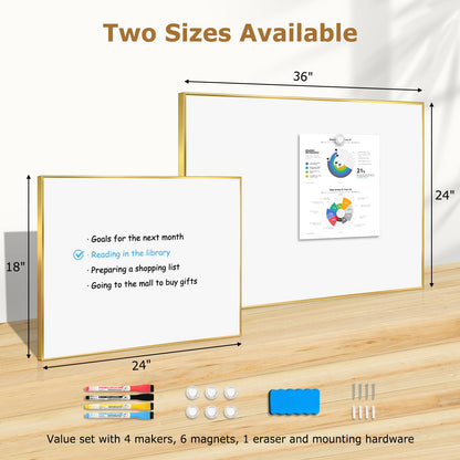 QUEENLINK Magnetic Whiteboard, 24"x18" Gold Aluminum Frame Dry Erase White Board for Wall, Hanging Wipe Board with 6 Magnets, 4 Markers & 1 Eraser for Home, Office, School