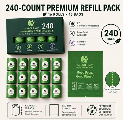 Arbor Paw Compostable Dog Waste Bags, BPI Certified ASTM D6400, Extra Thick 20 Micron, Lavender Scented, 240 Bags (16 Rolls × 15)