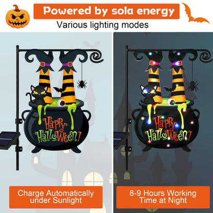 Halloween Lighted Garden Flag 12x18 Inch Witch Feet Shaped Flags 8 Modes Double Side LED Solar Yard Flags Cauldron Eyeball Black Cat Decorations for Garden Patio Yard Lawn Outside Home Decor