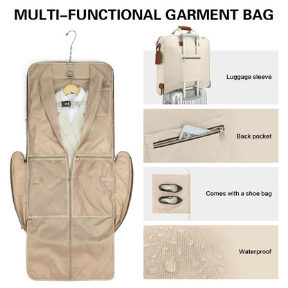 TONRUYN Travel Garment Bag Carry on Suit Bag for Women 51'' Waterproof Garment Bags Dress Bag for Travel Business Hanging Suitcase Luggage with Shoulder Strap Free shoes bag Fit 15.6'' Laptop, Beige