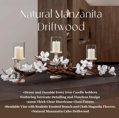 Magnolia Vine Driftwood Farmhouse Table Centerpiece - 3pc Candle Holder Set - Floral Table Decor for Dining Room, Living Room, Mantle & Weddings (Ivory)