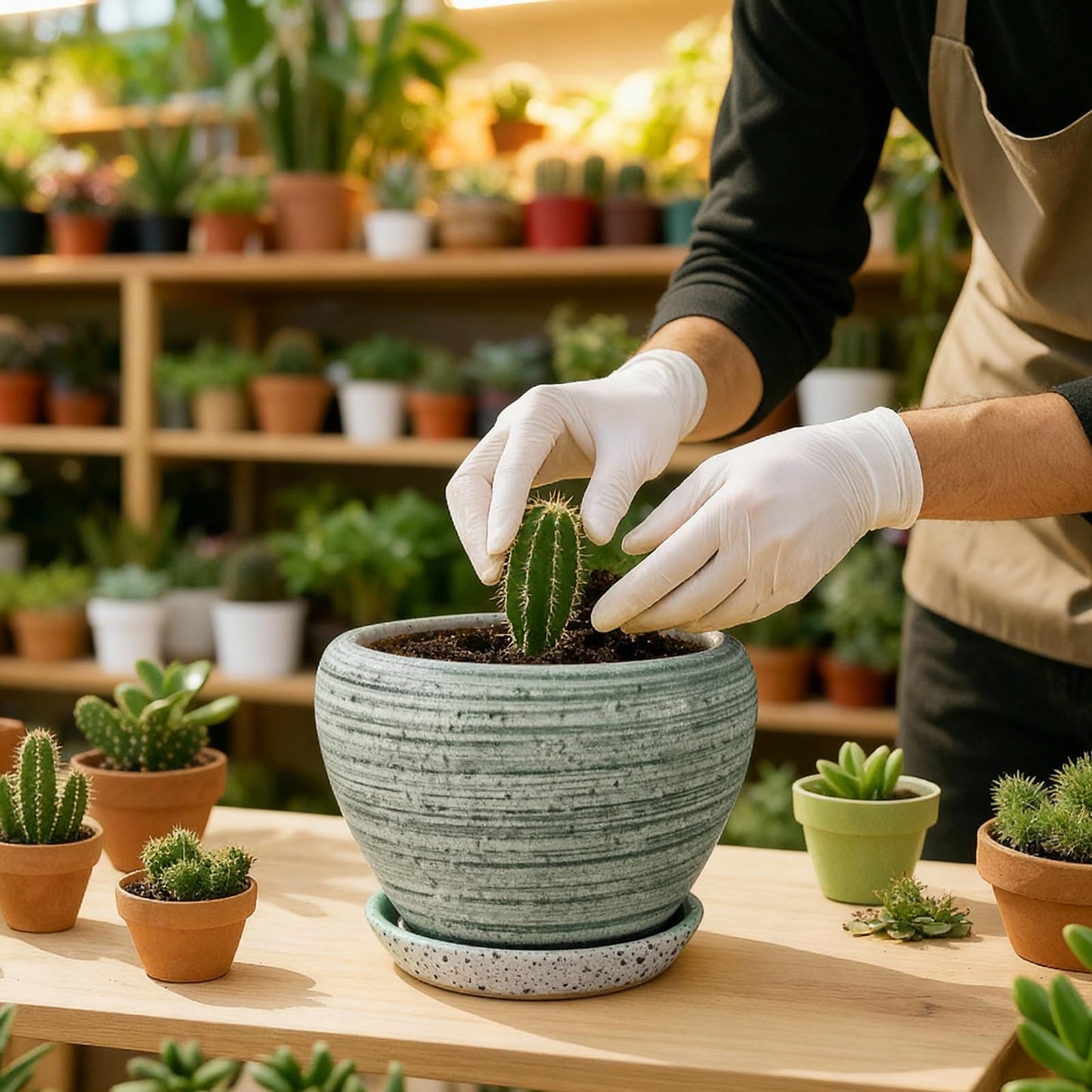 Deep Dream 6 Inch Plant Pots- Ceramic Planter Pot with Drainage Hole and Saucer, Round Flower Pot for Indoor Outdoor Succulent, Snake Plants and Cactus, Brushed Green