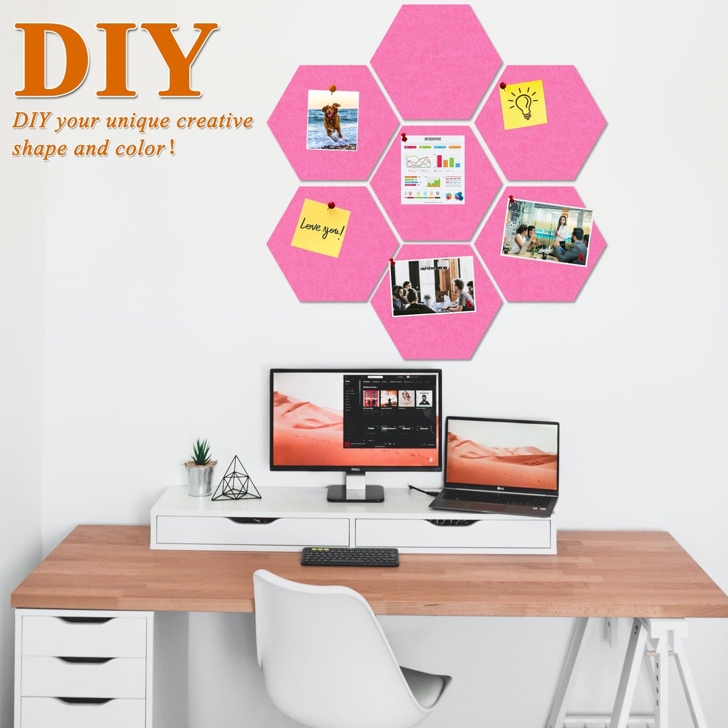 HULAVO Large Hexagon Felt Cork Board Tiles, Self Adhesive DIY Felt Bulletin Board Pin Board with 35 Pushpins for Office School Home Wall Decor Stickers Memos Photos Display(Pink)