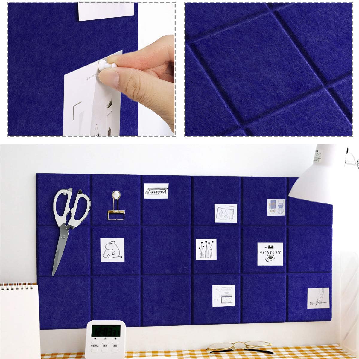 Uoisaiko Large Felt Board Tiles for Wall with 30 Push Pins, 11.8"x11.8" Pack of 6 Pin Board Notice Boards for Home Office Kitchen, Bulletin Board Wall Tiles for Photos Memos (Dark Blue, 6 Pack)