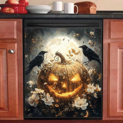 White Flower Sticker Dishwasher Cover, Magnet Halloween Fridge Magnet, Halloween Pumpkin Vinyl Panel Decal, Pumpkin Kitchen Decor, Home Appliance Magnet 23" x 26" Magnetic