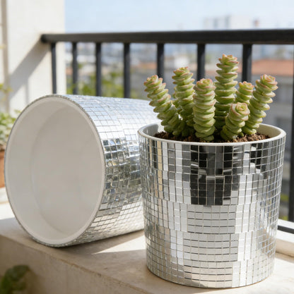 Outanaya Disco Planter Pot for Indoor and Outdoor Succulents Plastic Flowerpot with Silver Mirror Finish Small Decorative Container for Home and Garden