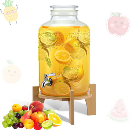 FillTouch 3 Gallon Drink Dispenser with Stand Glass Beverage Dispenser Drink Dispensers with Lid 18/8 Stainless Steel Spigot for Picnics, BBQ, Parties and Daily(Classic Style,Wood Stand)