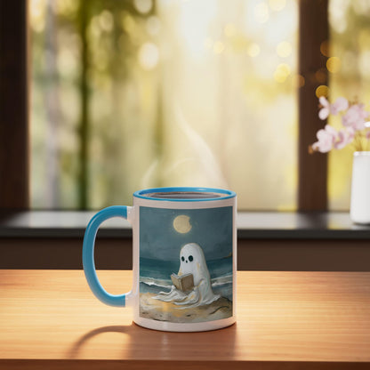 Spooky Ghost Reading at Beach Summer Moonlight Ceramic Mug, Blue/White