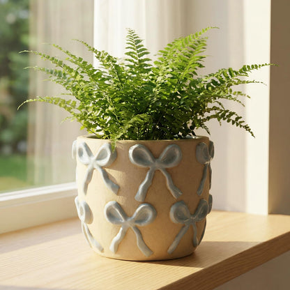 Yokiiimakiii Ceramic Flower Pots for Indoor and Outdoor Plants, Succulent Orchid Round Clay and Terracotta Planter for Garden Home Modern Decoration 5.3 Inch (Blue Bow, Without Saucers)