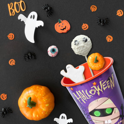 FZR Legend 24 Pack Halloween Party Favors Goodie Cups - Bats, Ghost, Cats, Pumpkin, Witch, Spider Patterns - 16OZ Reusable Plastic Cups With Lids and Plugs for Party Decorations