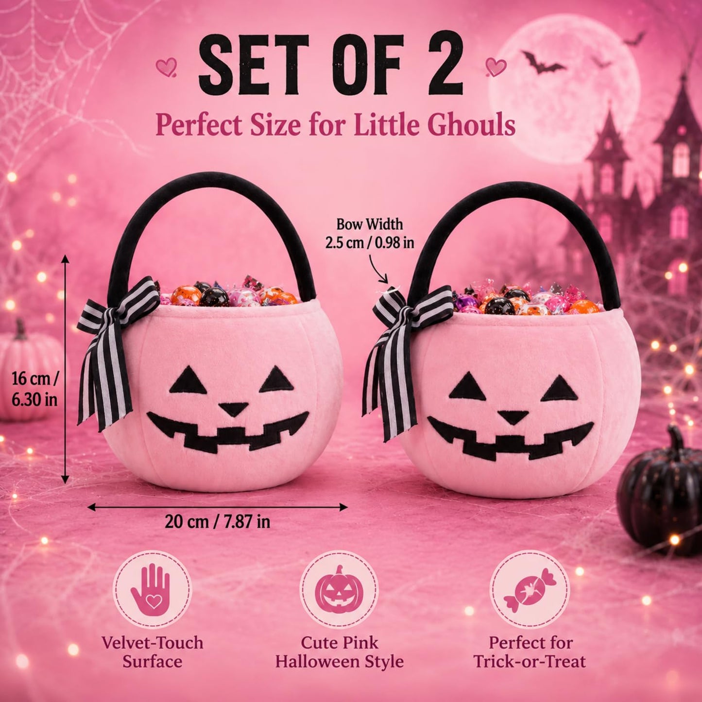 RattanView 2 Pack Halloween Pumpkin Candy Bucket Pink Lantern Treat Bag 8 x 6.3 Inch Trick or Treat Basket with Embroidered Face Striped Bow Handle for Halloween Costume Accessories Candy Gift Bag