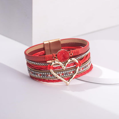 FANCY SHINY Heart Leather Wrap Bracelets Stackable Boho Cuff Bangles Trendy Resin Stone Rhinestone Bracelets with Magnetic Clasp for Women Gifts Jewelry(Red)
