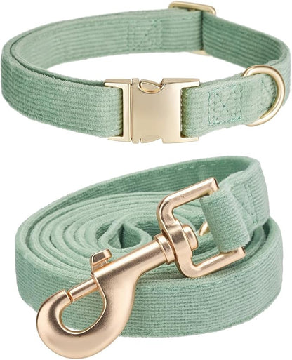Soft Corduroy Dog Collar and Leash Set Adjustable Durable Dog Collars with Metal Buckle and Lead for Small Dogs,Grass Green