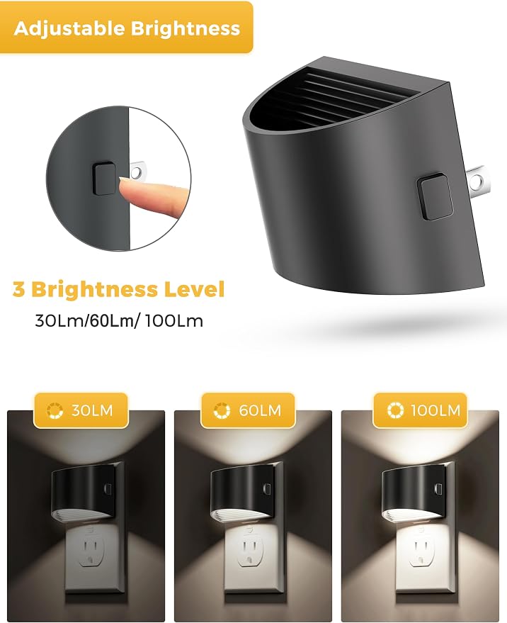 L LOHAS LED Night Lights Plug into Wall 2 Pack, Nightlight with Dusk to Dawn Sensor,3 Level Brightness Adjustable, 5000K Daylight White