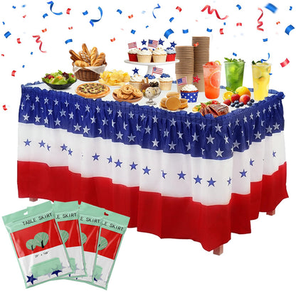 4 Pcs Patriotic 4th of July Table Skirts Disposable Plastic 2.4 x 14.3 Ft 4th of July 250th Anniversary American Star Table Skirt for Independence Day Memorial Day Party Supplies